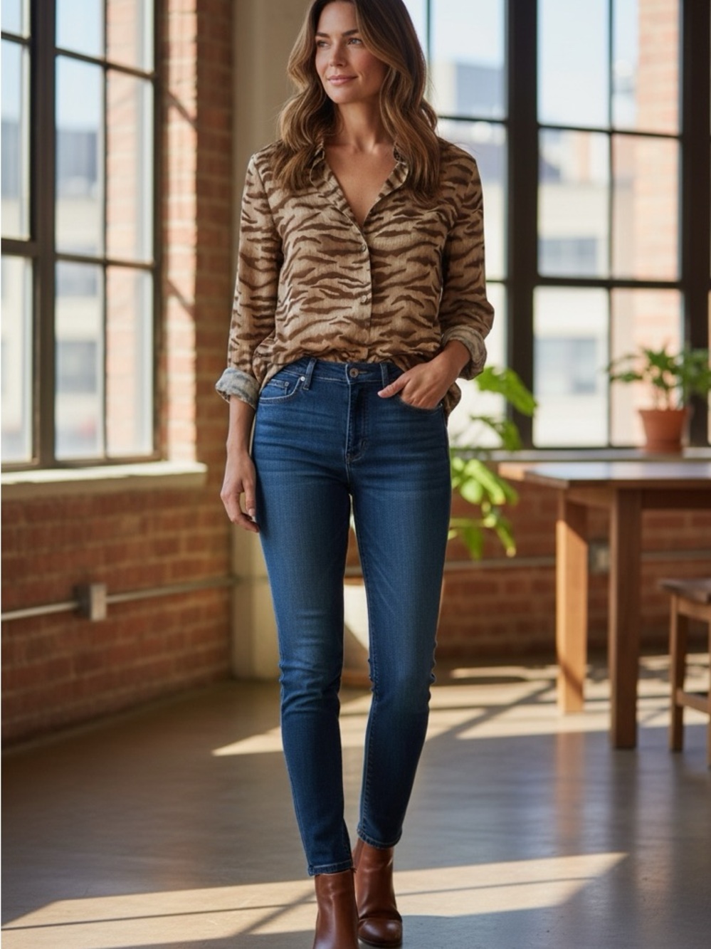 Linea by Louis Dell'Olio Tan and Brown Animal Print Button-Front Silk Blouse